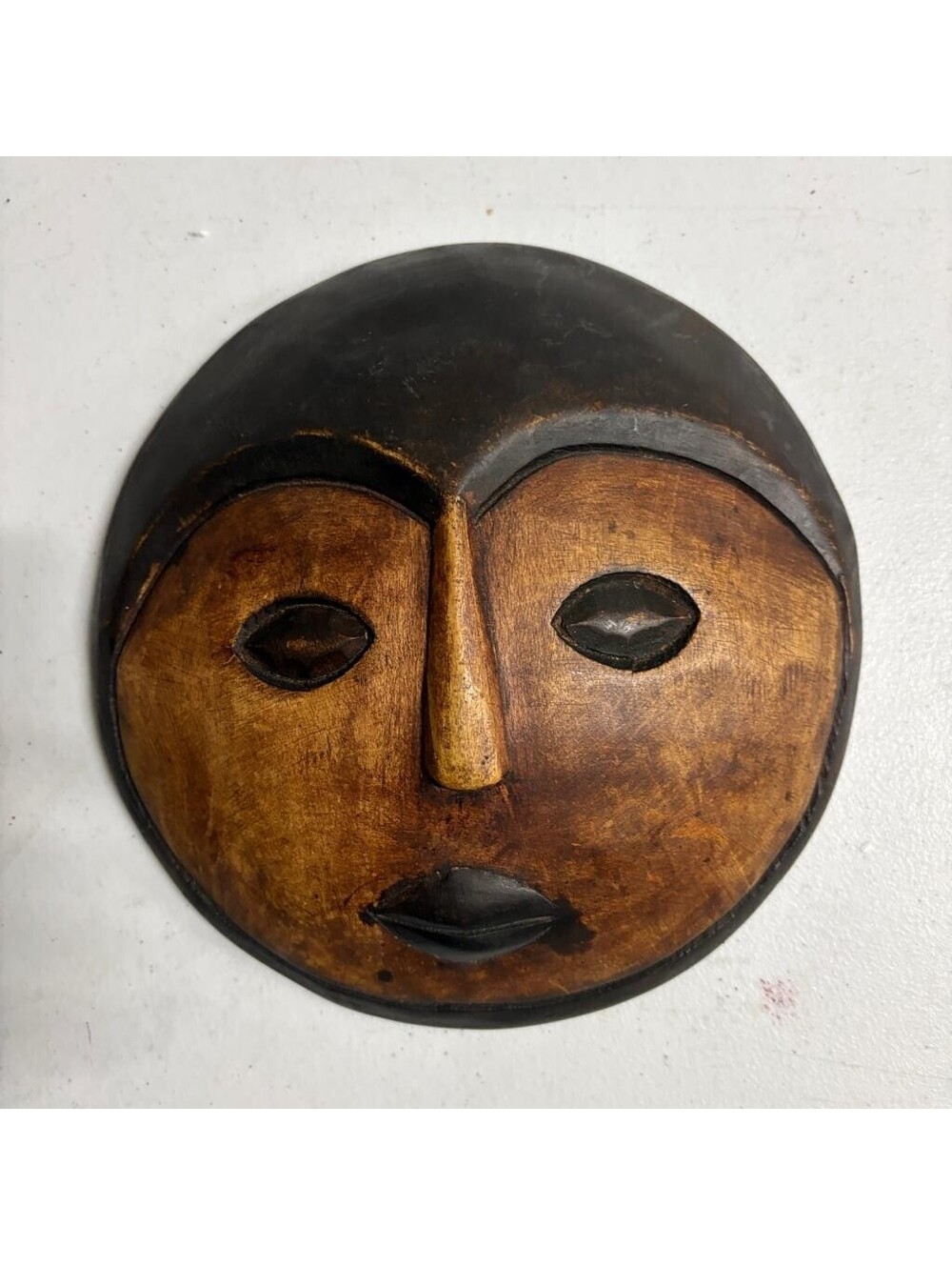 Vintage African Hand Carved Wooden Moon Mask Round Folk Art Wall Hanging